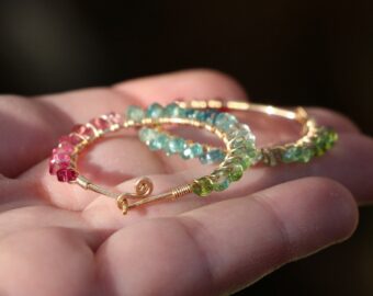 Pink Green and Blue Tourmaline Earrings Wire Wrapped Gemstone Hoop Earrings in Gold Filled