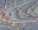 Pink Ruby, Topaz and Tanzanite Gemstone Bar Necklace Wire Wrapped in Gold Filled