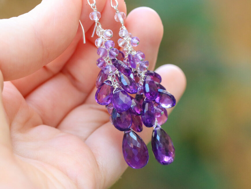 Purple Amethyst Earrings Cascade, Long Cluster Gemstone Earrings