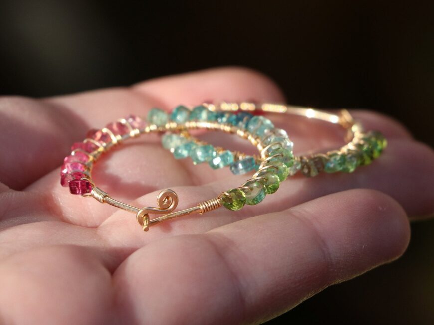Solid Gold 14K Pink Green and Blue Tourmaline Earrings Wire Wrapped Gemstone Hoop Earrings