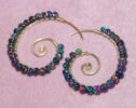 Black Opal Wire Wrapped Spiral Hoop Earrings, Genuine Opal Earrings