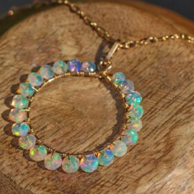 The Elixir Necklace – Ethiopian Opal Wire Wrapped Gemstone Hoop Pendant in Gold Filled