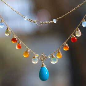 The Merrigiare Necklace – Mexican Fire Opal and Turquoise Gold Filled Drop Necklace