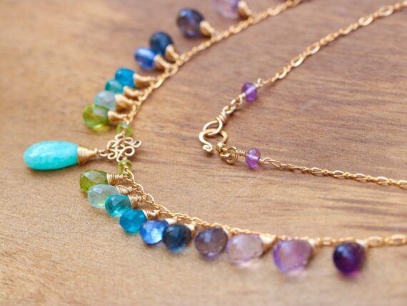 Solid Gold 14K Aqua Blue Amazonite Colorful Gemstone Drop Necklace, Statement Necklace