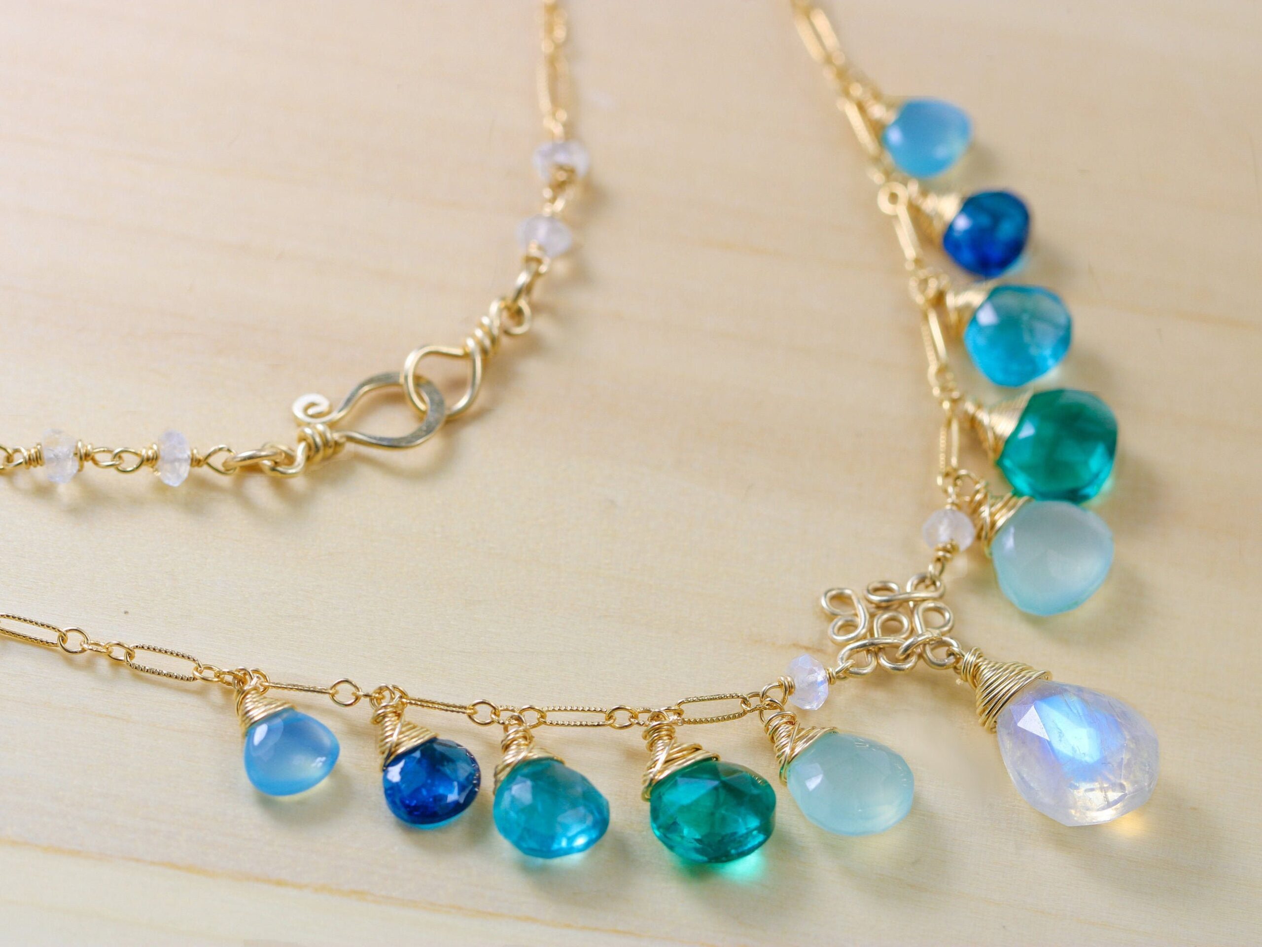 Solid Gold 14K Aqua Blue Gemstone Necklace with Rainbow Moonstone, Apatite and Chalcedony