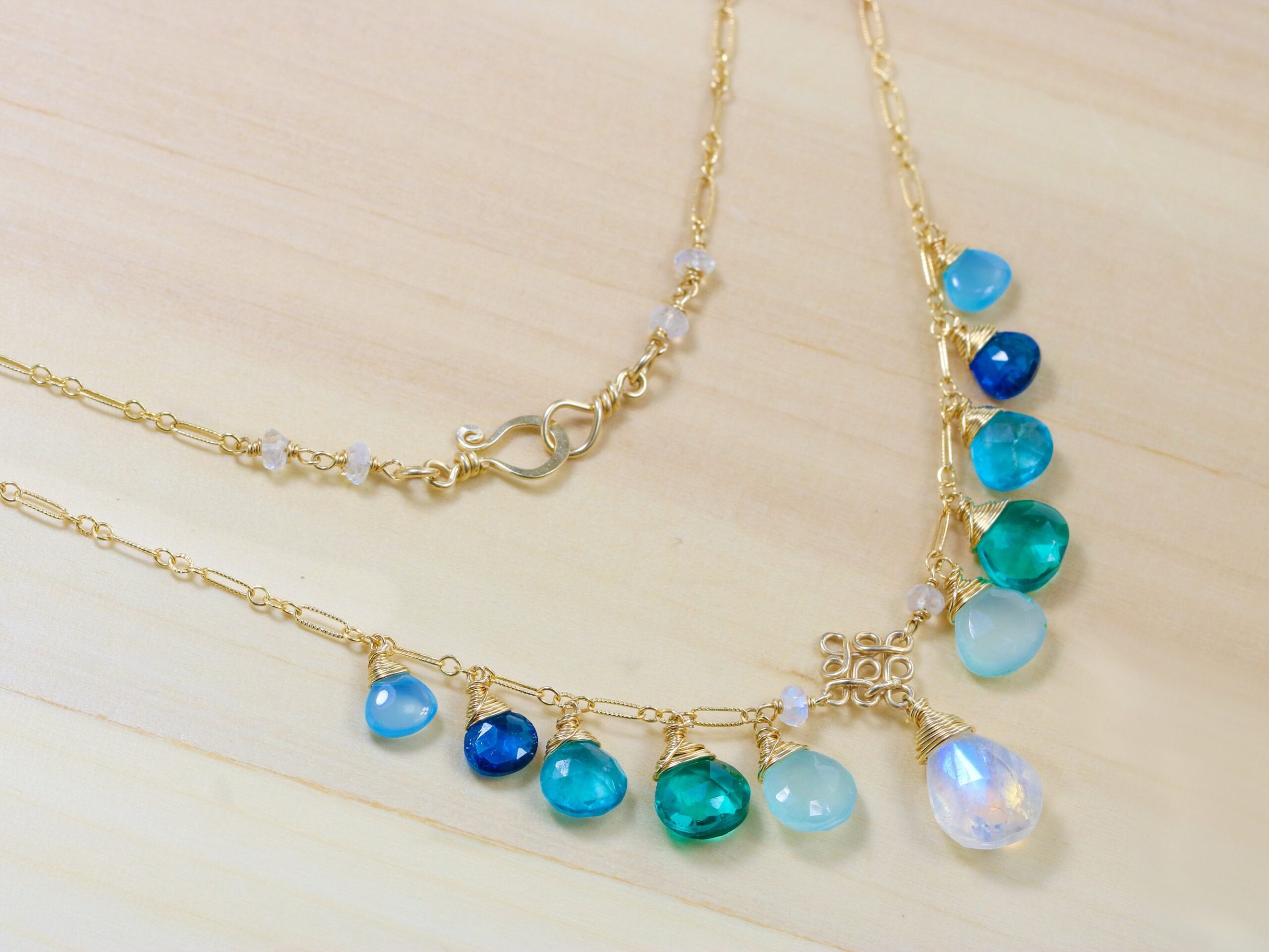 Solid Gold 14K Aqua Blue Gemstone Necklace with Rainbow Moonstone, Apatite and Chalcedony