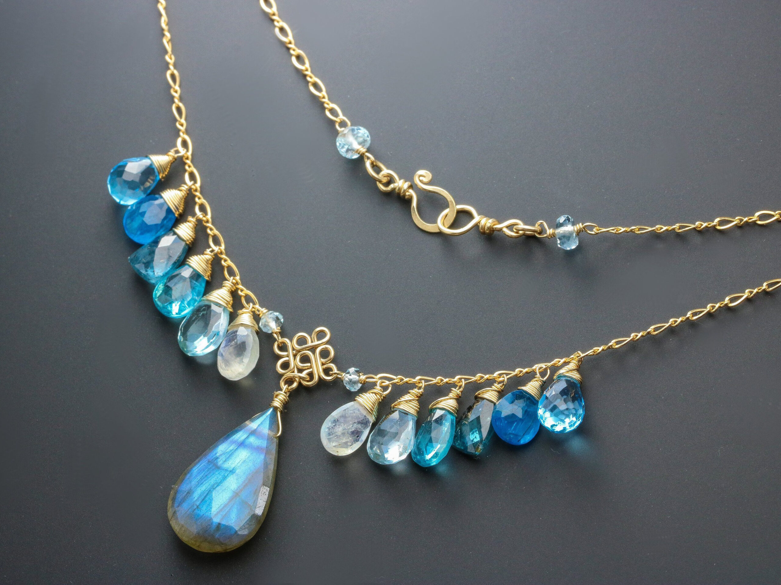 Solid Gold 14K Blue Labradorite with Apatite, Topaz and Moss Kyanite Necklace, Multi Gemstone Statement Necklace