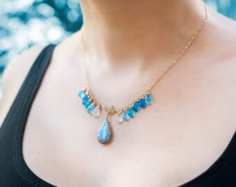 Solid Gold 14K Blue Labradorite with Apatite, Topaz and Moss Kyanite Necklace, Multi Gemstone Statement Necklace