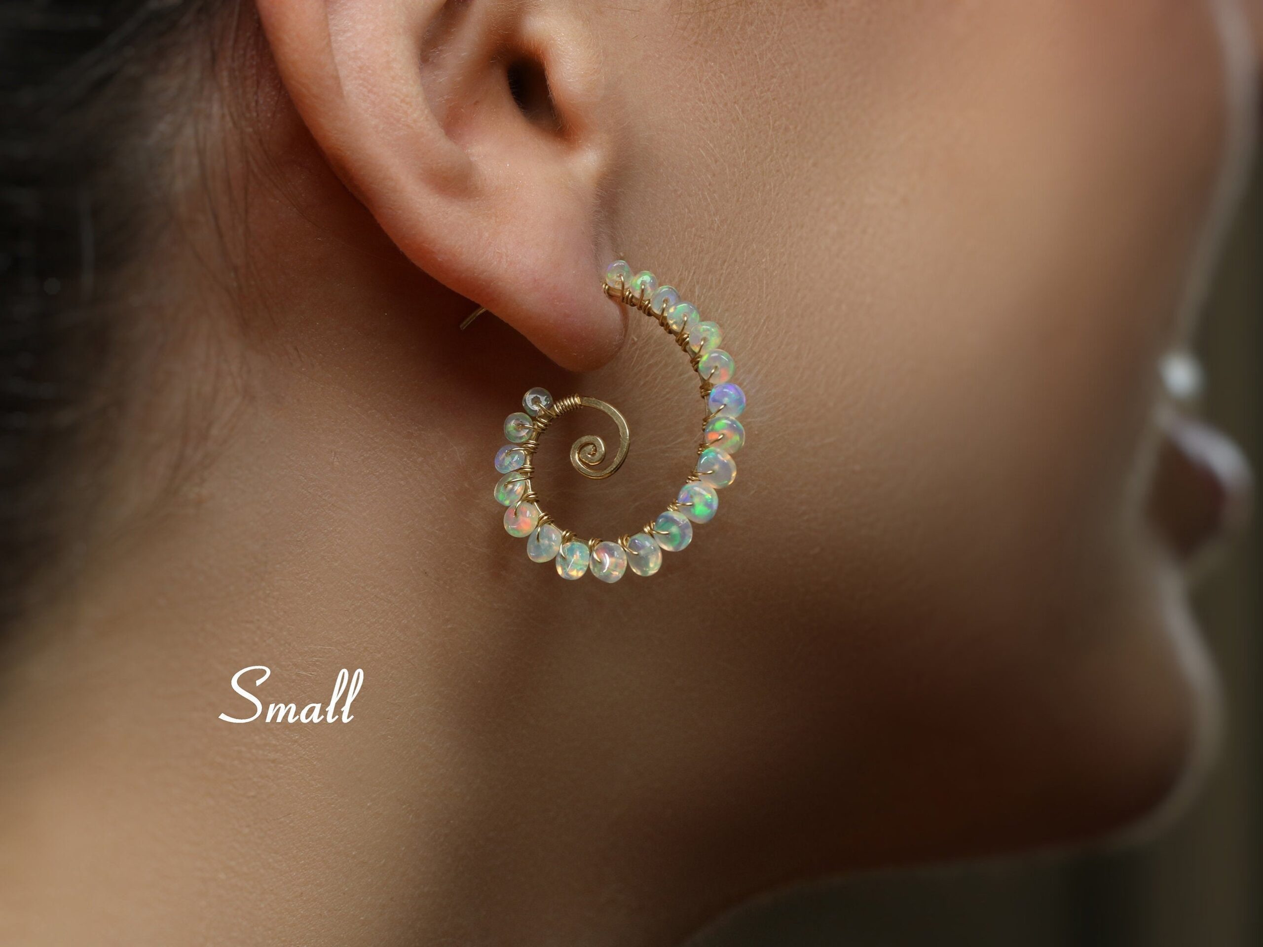 Solid Gold 14K Ethiopian Opal Wire Wrapped Spiral Hoop Earrings, Genuine Welo Opal Earrings