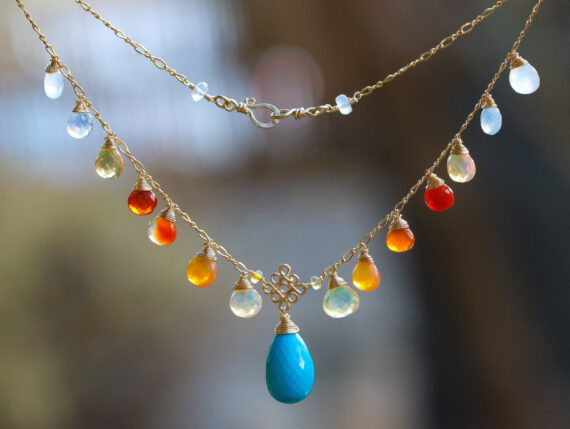 Solid Gold 14K Mexican Fire Opal and Turquoise Drop Necklace