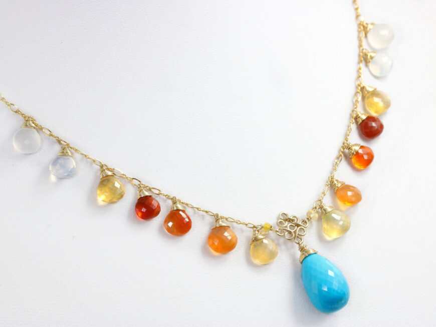 Mexican Fire Opal and Turquoise Gold Filled Drop Necklace