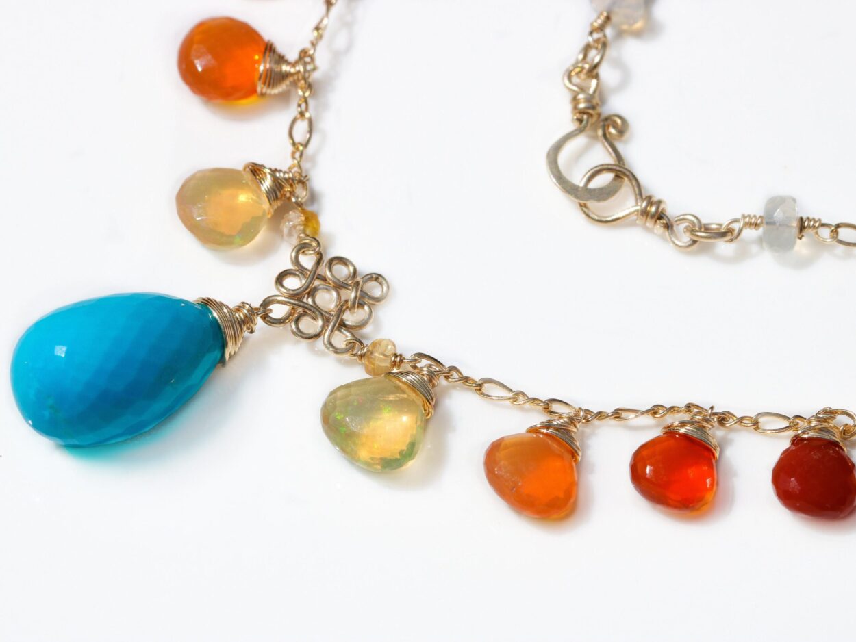 Solid Gold 14K Mexican Fire Opal and Turquoise Drop Necklace - Valltasy