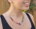 Solid Gold 14K Rainbow Multi Gemstone Necklace in Solid Gold, Precious Drop Necklace