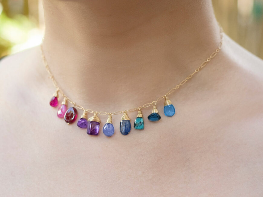 Semi Precious Gemstone Necklace, Pink Purple Drop Necklace