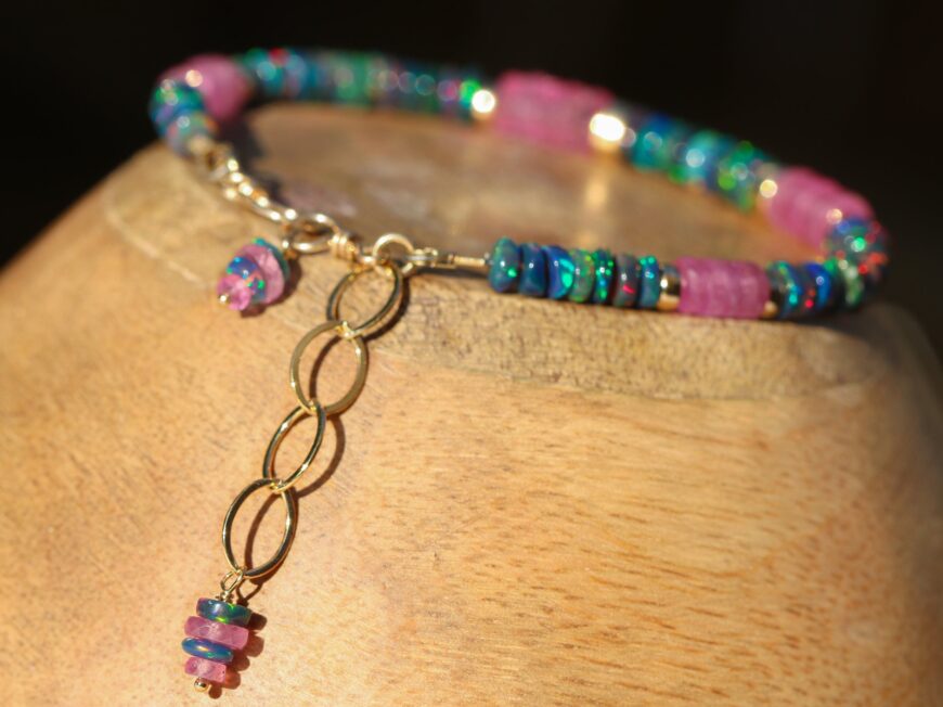 Black Opal Bracelet with Pink Sapphires, Gold Filled, One of a Kind