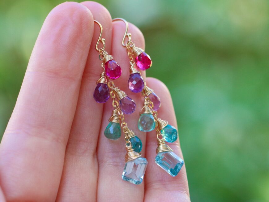 Multi Gemstone Colorful Rainbow Earrings, Long Drop Earrings