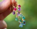 Solid Gold 14K Multi Gemstone Colorful Rainbow Earrings, Long Drop Earrings