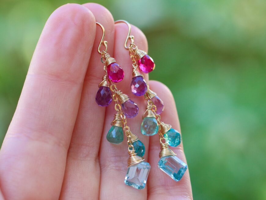 Solid Gold 14K Multi Gemstone Colorful Rainbow Earrings, Long Drop Earrings