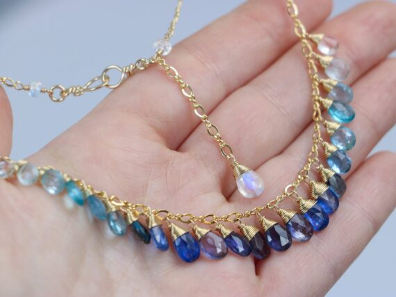 Solid Gold 14K Blue Gemstone Gradated Necklace with Kyanite, Aquamarine and Topaz
