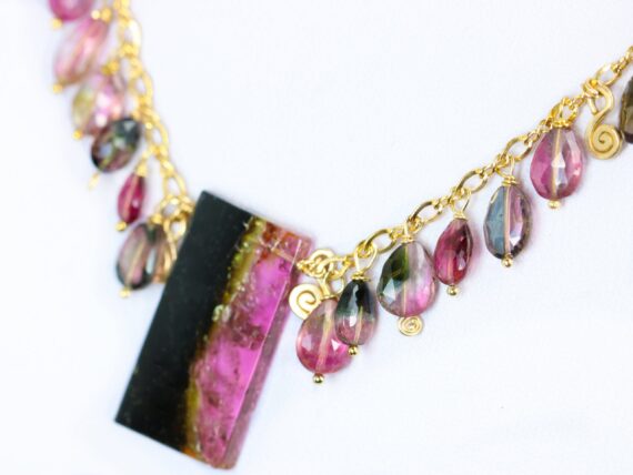 Rubellite Pink and Watermelon Tourmaline Necklace in Gold Filled, One of a Kind