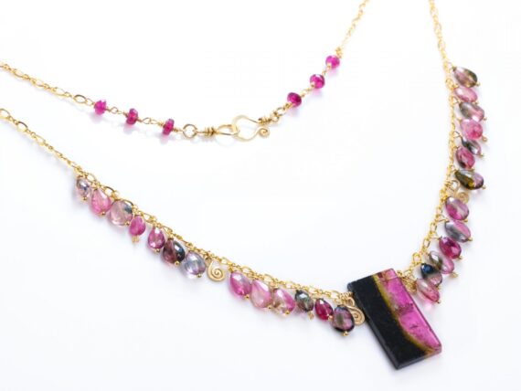 Rubellite Pink and Watermelon Tourmaline Necklace in Gold Filled, One of a Kind