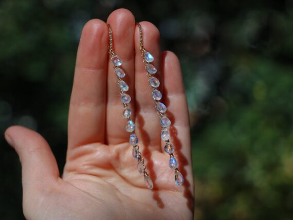 Solid Gold 14K Rainbow Moonstone Earrings with Genuine Diamonds