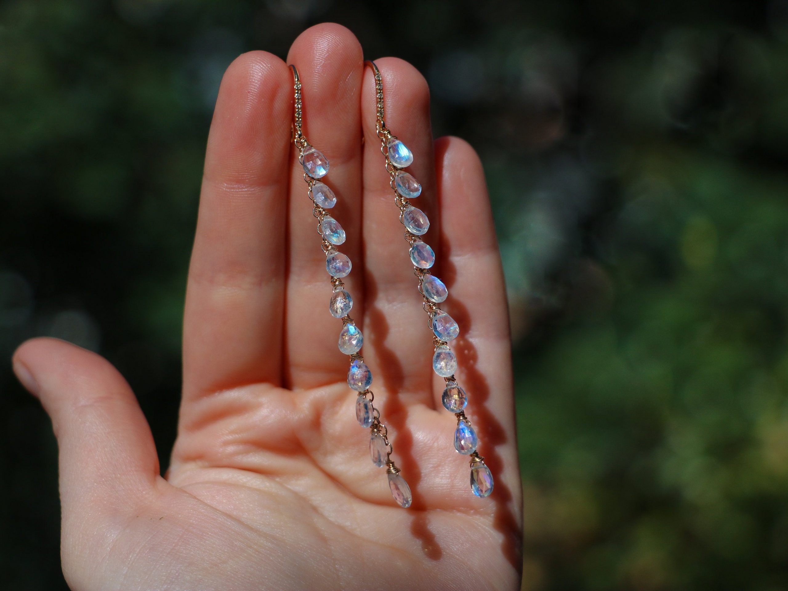 Solid Gold 14K Rainbow Moonstone Earrings with Genuine Diamonds