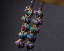 Black Opal Earrings, Black Ethiopian Opal Dangle Earrings in Gold