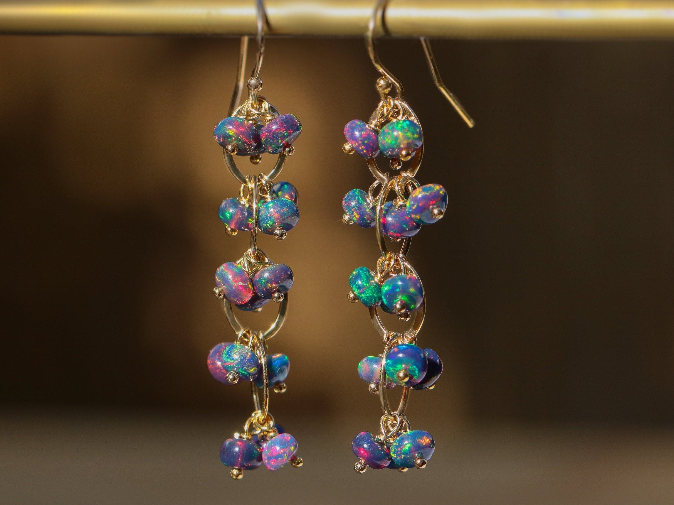 Black Opal Earrings, Black Ethiopian Opal Dangle Earrings in Gold