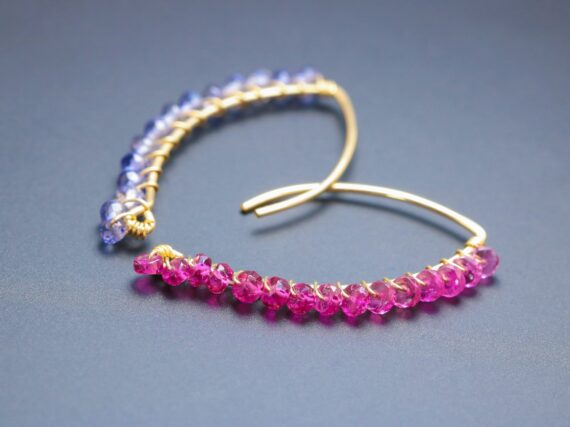 Rubellite Pink Tourmaline and Iolite Open Hoops, Mismatched Earrings Set