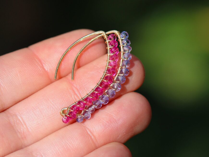Solid Gold 14K Rubellite Pink Tourmaline and Iolite Open Hoops, Mismatched Earrings Set