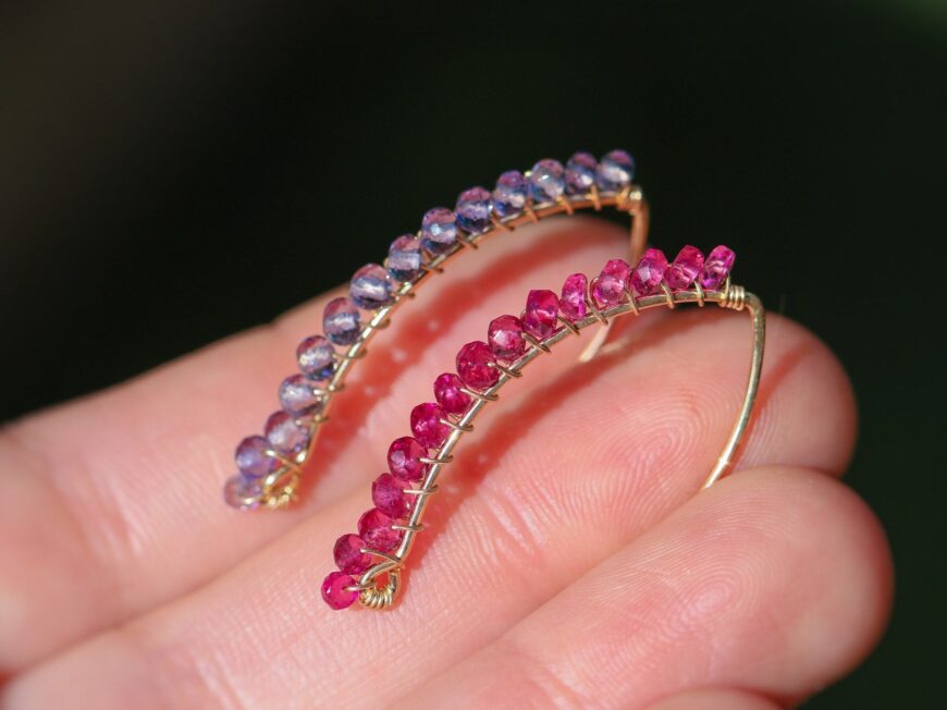 Solid Gold 14K Rubellite Pink Tourmaline and Iolite Open Hoops, Mismatched Earrings Set