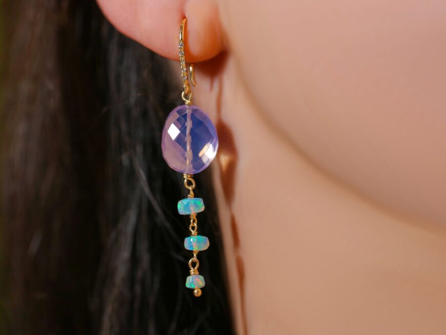 Solid Gold 14K Ethiopian Opal Earrings with Natural Lavender Quartz and Genuine Diamonds, One of a Kind