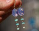 Solid Gold 14K Ethiopian Opal Earrings with Natural Lavender Quartz and Genuine Diamonds, One of a Kind