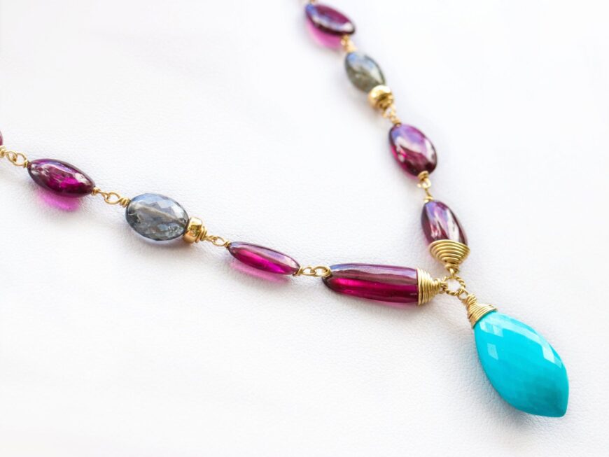 Turquoise and Rhodolite Garnet Necklace Wire Wrapped in Gold Filled Statement Necklace, Luxury One of a Kind Necklace