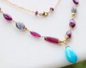 Turquoise and Rhodolite Garnet Necklace Wire Wrapped in Gold Filled Statement Necklace, Luxury One of a Kind Necklace