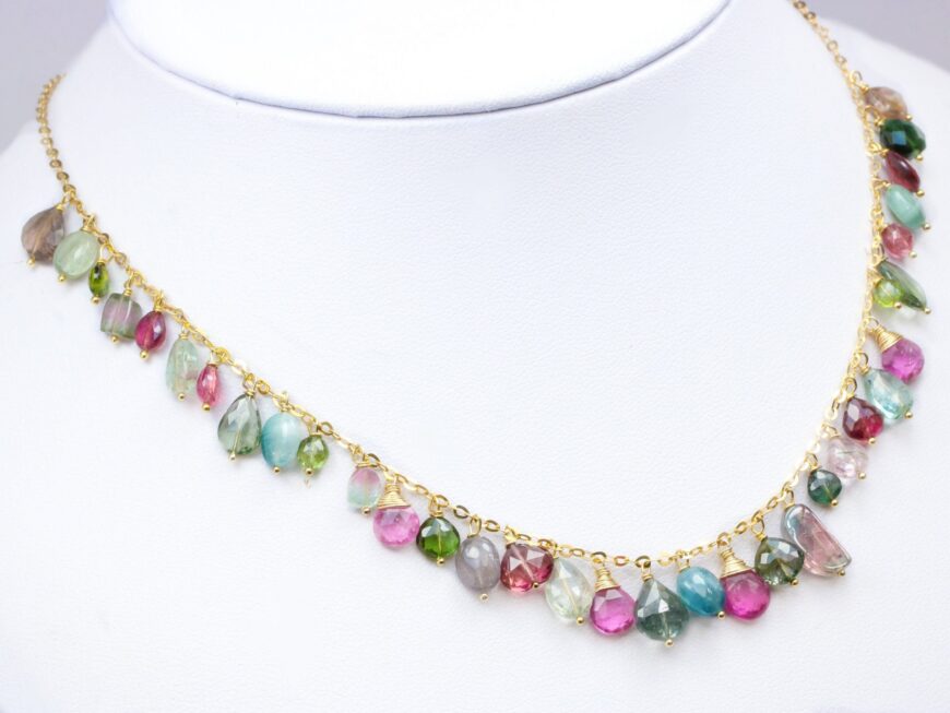 Watermelon Tourmaline and Blue Tourmaline Necklace in Gold Filled, One of a Kind