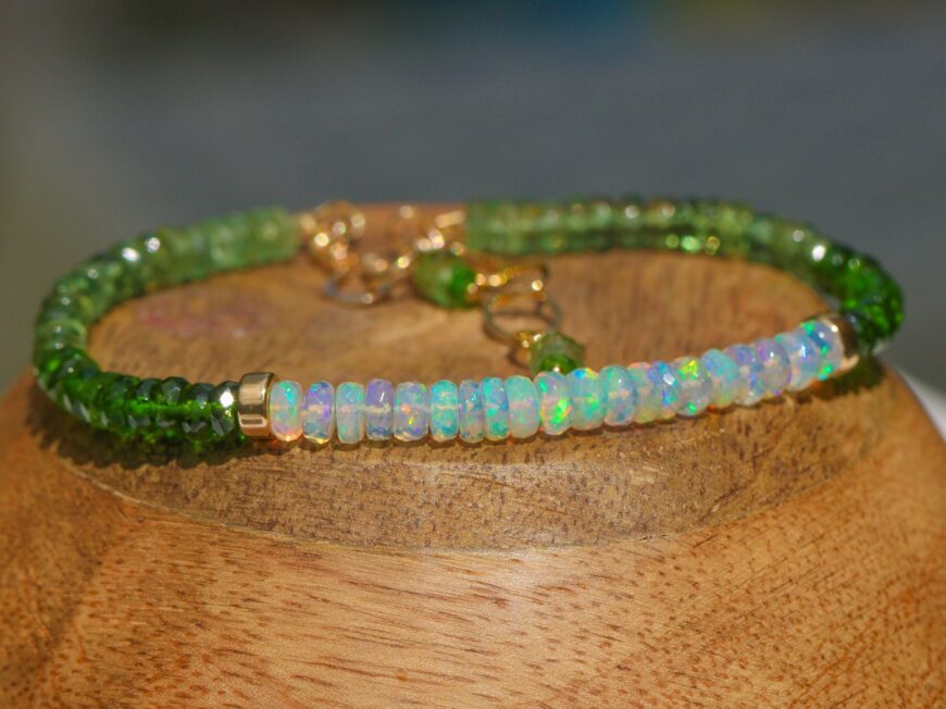 Welo Ethiopian Opal Bracelet With Chromde Diopside, Green Kyanite and Green Apatite