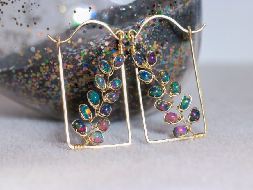 Black Opal Rectangle Hoop Earrings, Welo Opal Modern Hoops