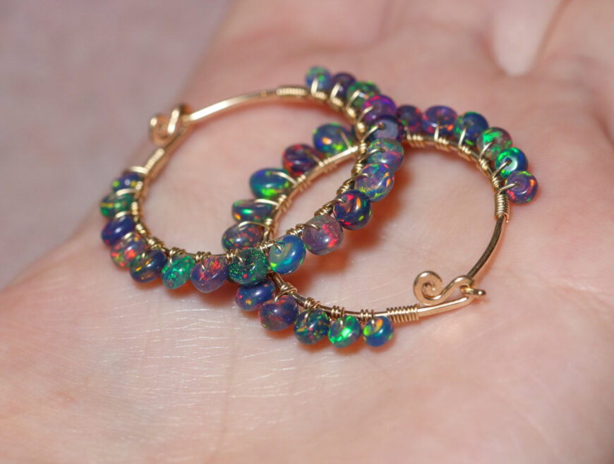 Solid Gold 14K Black Opal Wire Wrapped Gemstone Hoop Earrings