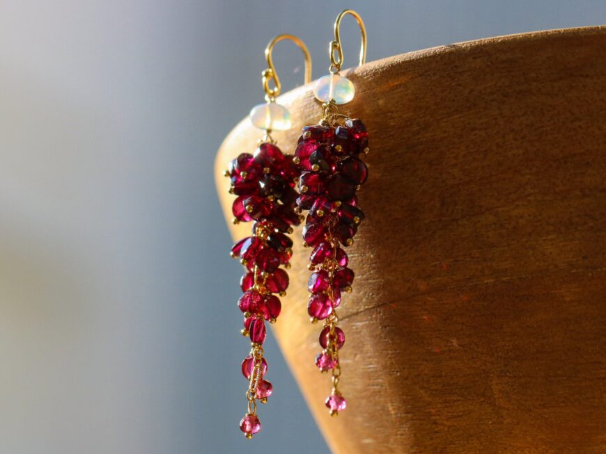 Garnet and Opal Earrings, Cascade Gemstone Earrings