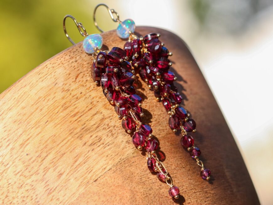Garnet and Opal Earrings, Cascade Gemstone Earrings