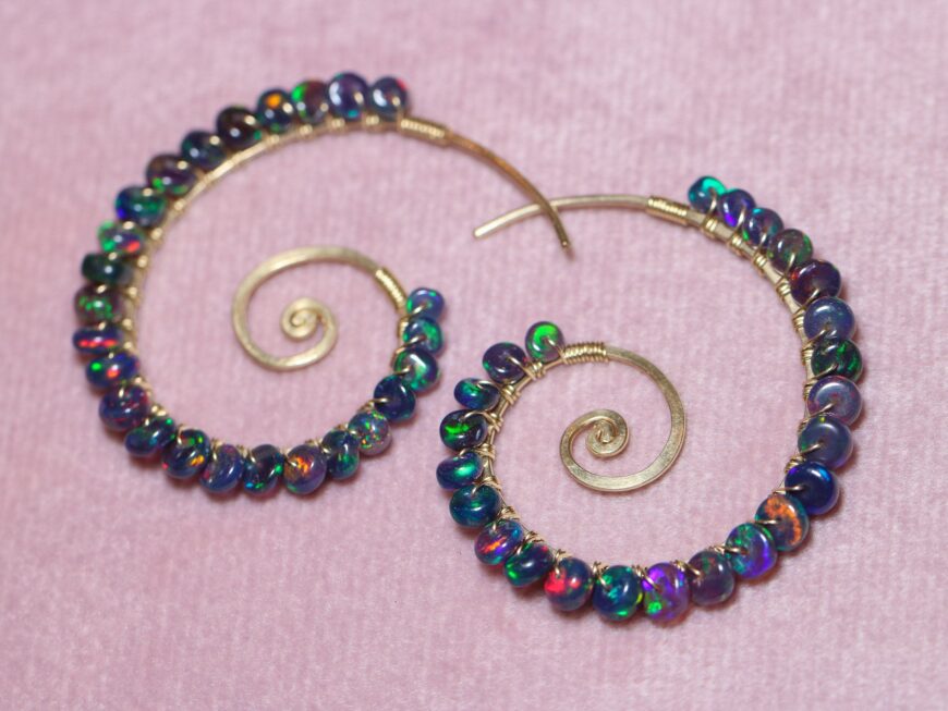 Solid Gold 14K Black Opal Wire Wrapped Spiral Hoop Earrings, Genuine Opal Earrings