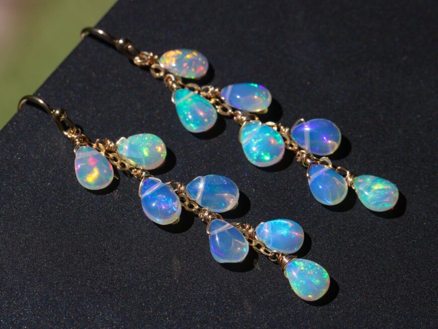 Solid Gold 14K Ethiopian Opal Long Dangle Drop Earrings