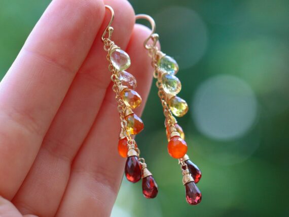 Solid Gold 14K Multi Gemstone Orange Red Drop Colorful Earrings