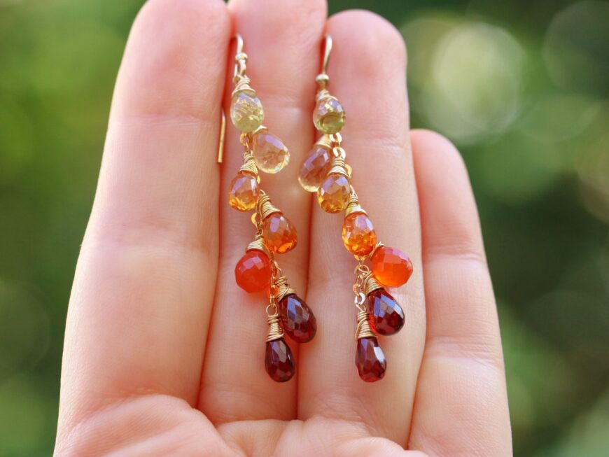 Solid Gold 14K Multi Gemstone Orange Red Drop Colorful Earrings