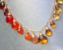 Solid Gold 14K Multi Gemstone Orange Red Drop Necklace, Semi Precious Colorful Necklace