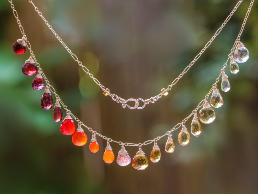 Solid Gold 14K Multi Gemstone Orange Red Drop Necklace, Semi Precious Colorful Necklace