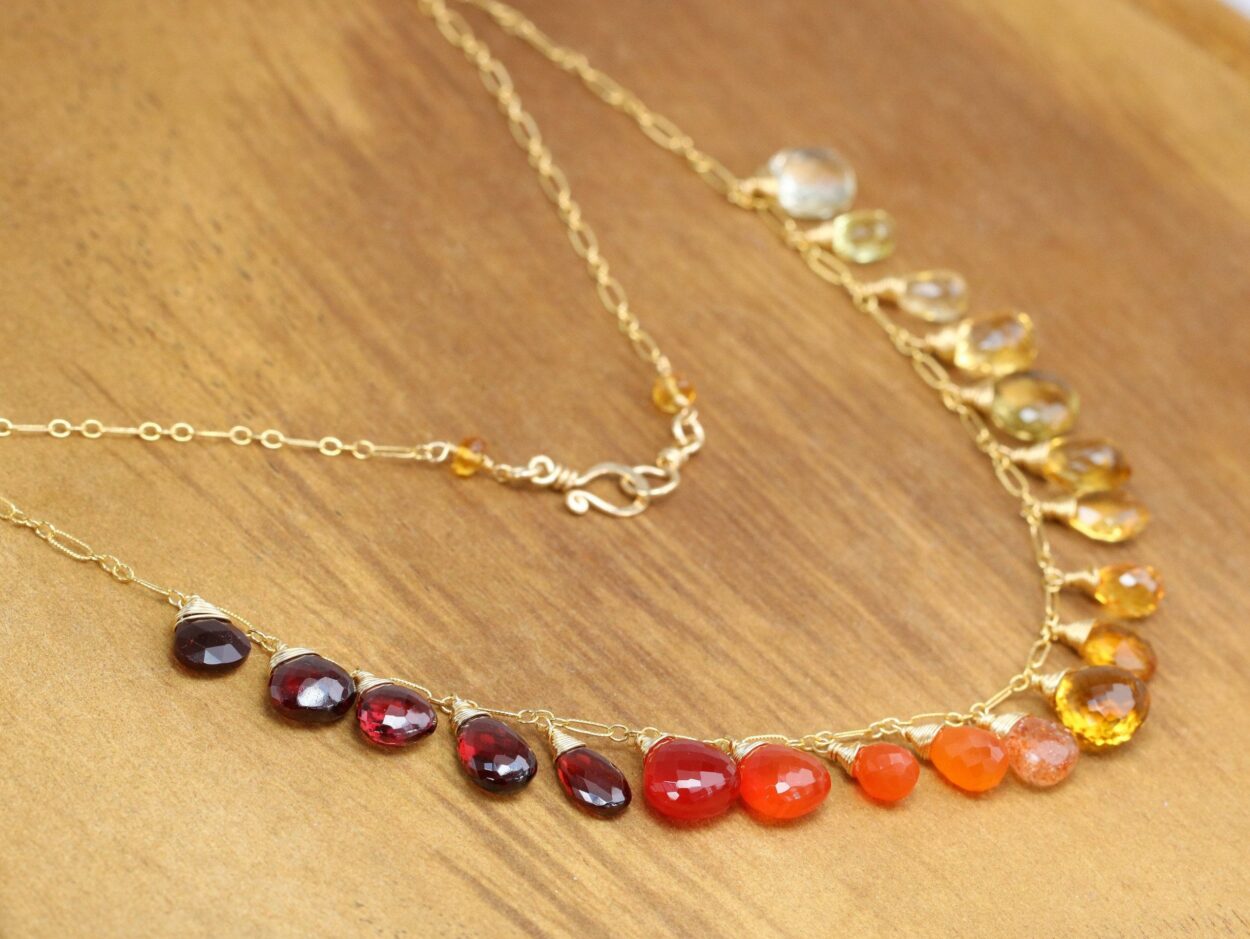 Multi Gemstone Orange Red Drop Necklace, Semi Precious Colorful ...