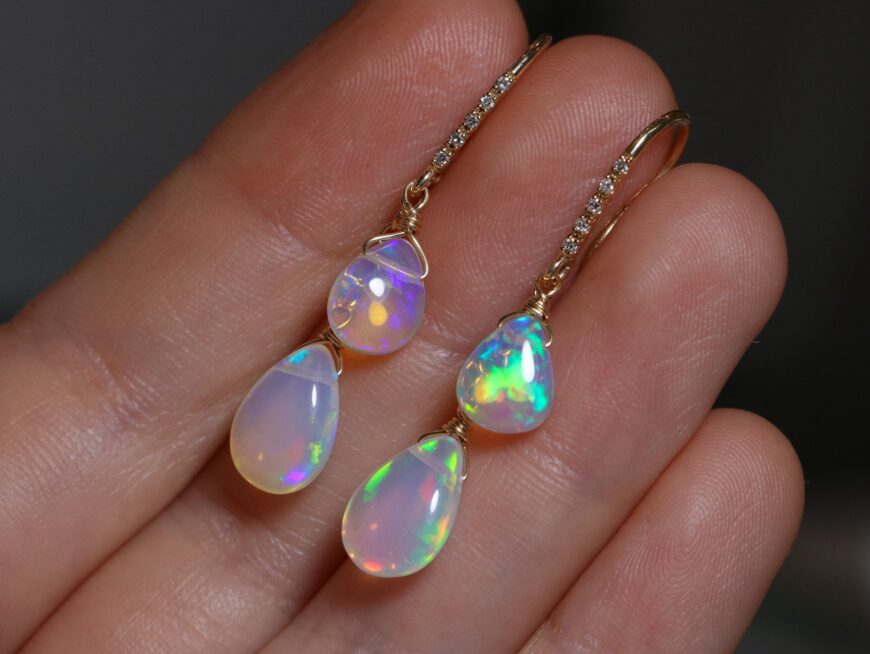Solid Gold 14K Ethiopian Opal Earrings with Genuine Diamonds